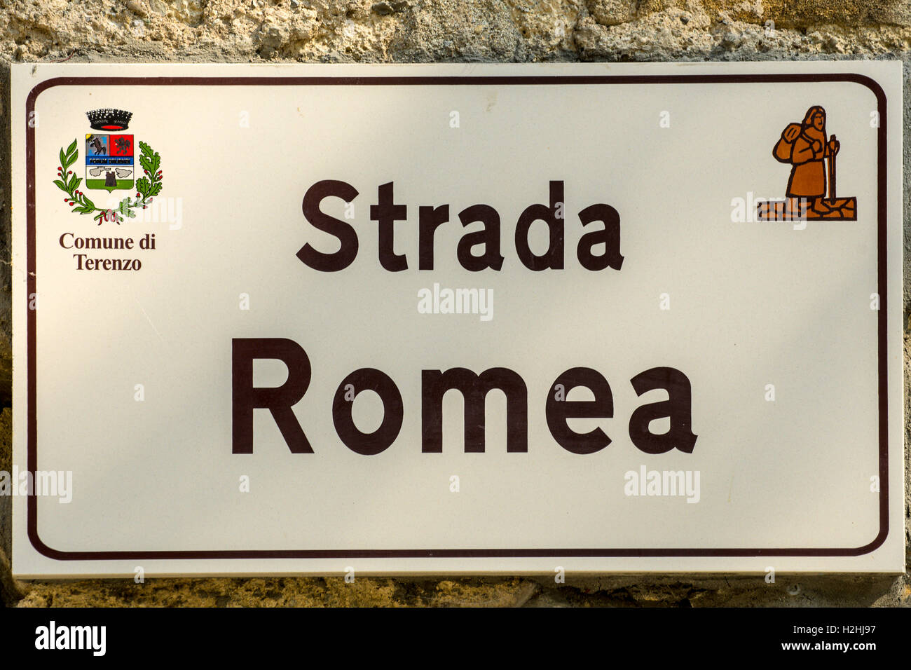 Weg - Cassio - Italien Emilia Romagna Francigena Romea Straßenschild Stockfoto