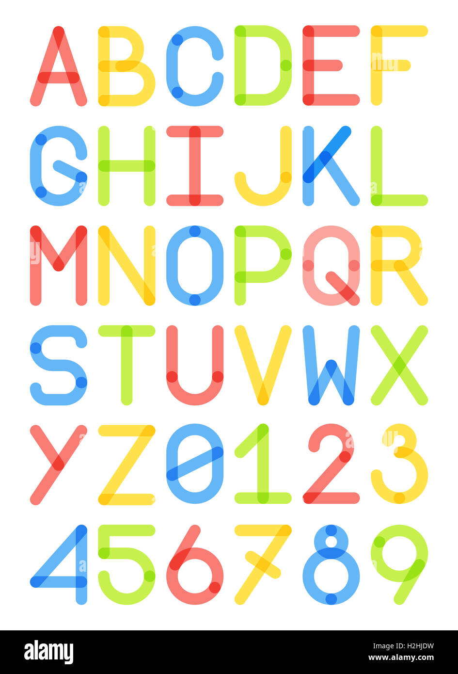 [JPEG] englische Schrift Großbuchstaben und Ziffern moderne Schriftart sans Serif bunt rot gelb blau grün illustration Stockfoto