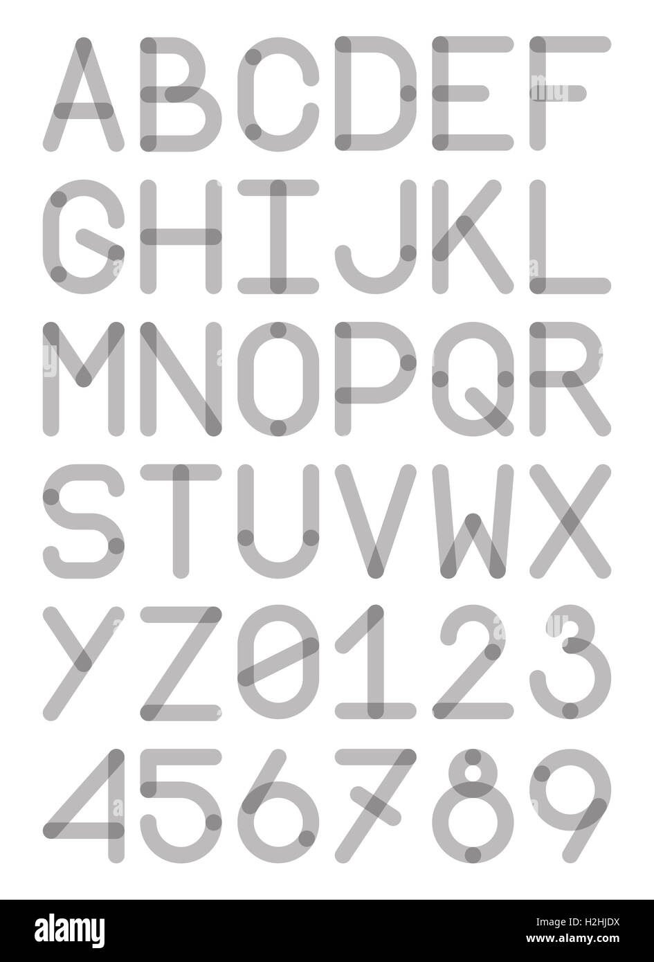 [JPEG] englische Schrift Großbuchstaben und Ziffern moderne Schriftart sans Serif grauen monochrome Darstellung Stockfoto