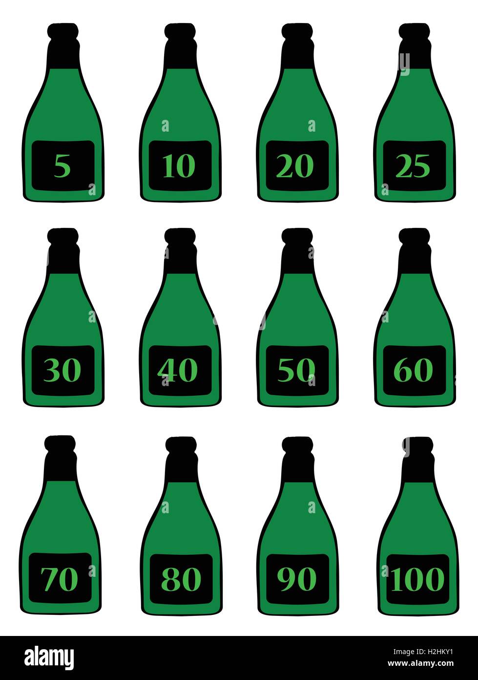 Eine Sammlung von grünen Flaschen mit Geburtstag Zahlen Stock Vektor