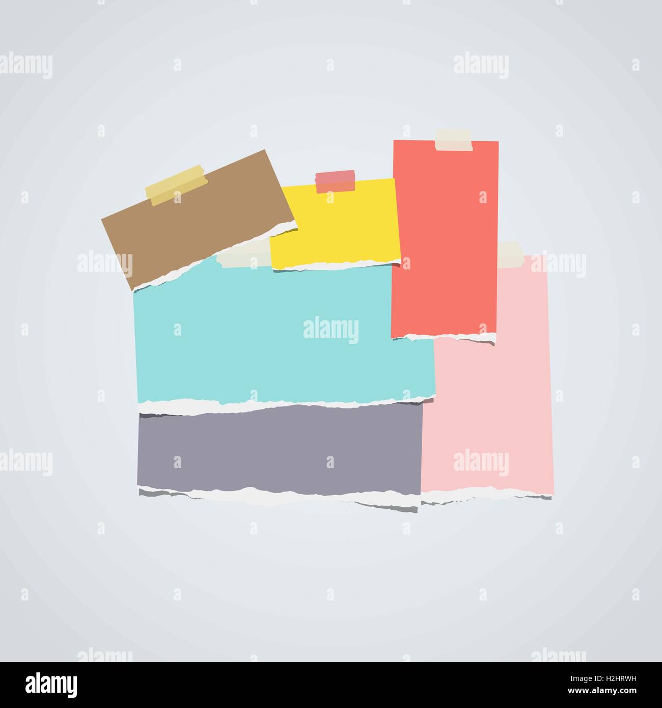 Bunte Notebook gerissen, Notizpapier auf grauem Hintergrund gestapelt Stock Vektor