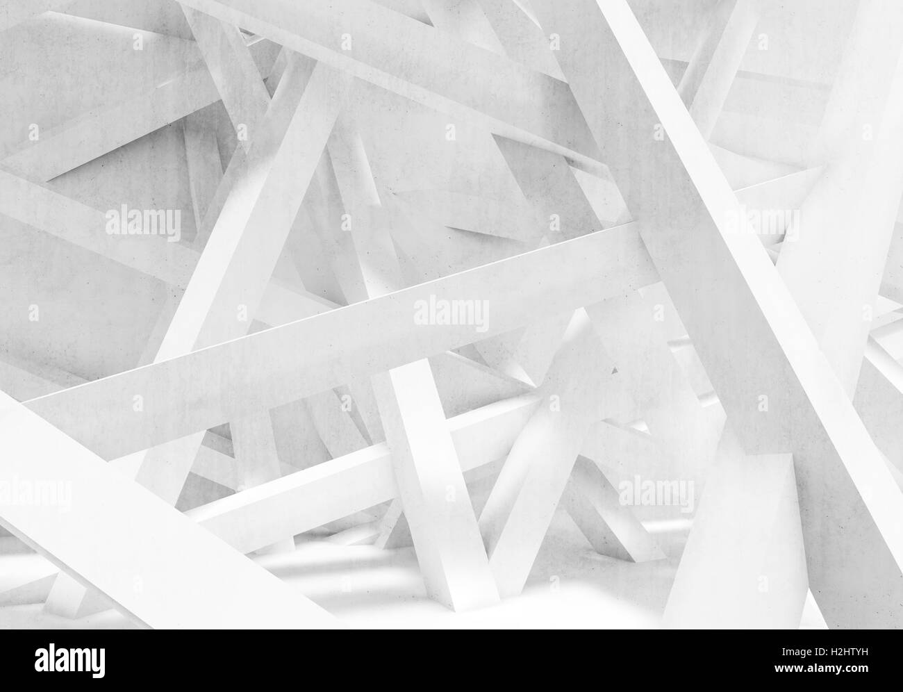 Abstrakte konkrete innere Hintergrund. Chaotisch strahlt Installation im leeren Raum. 3D Illustration, Computergrafik Stockfoto
