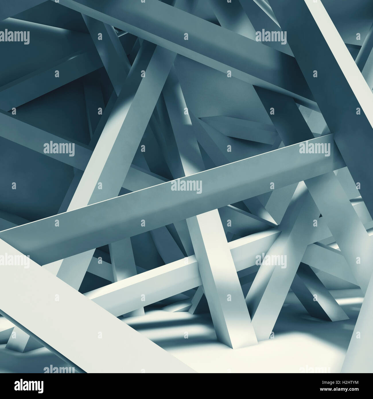 Abstrakte innere Hintergrund. Chaotische Balken Installation im leeren Raum. Blau getönten 3d Illustration, Computergrafik Stockfoto