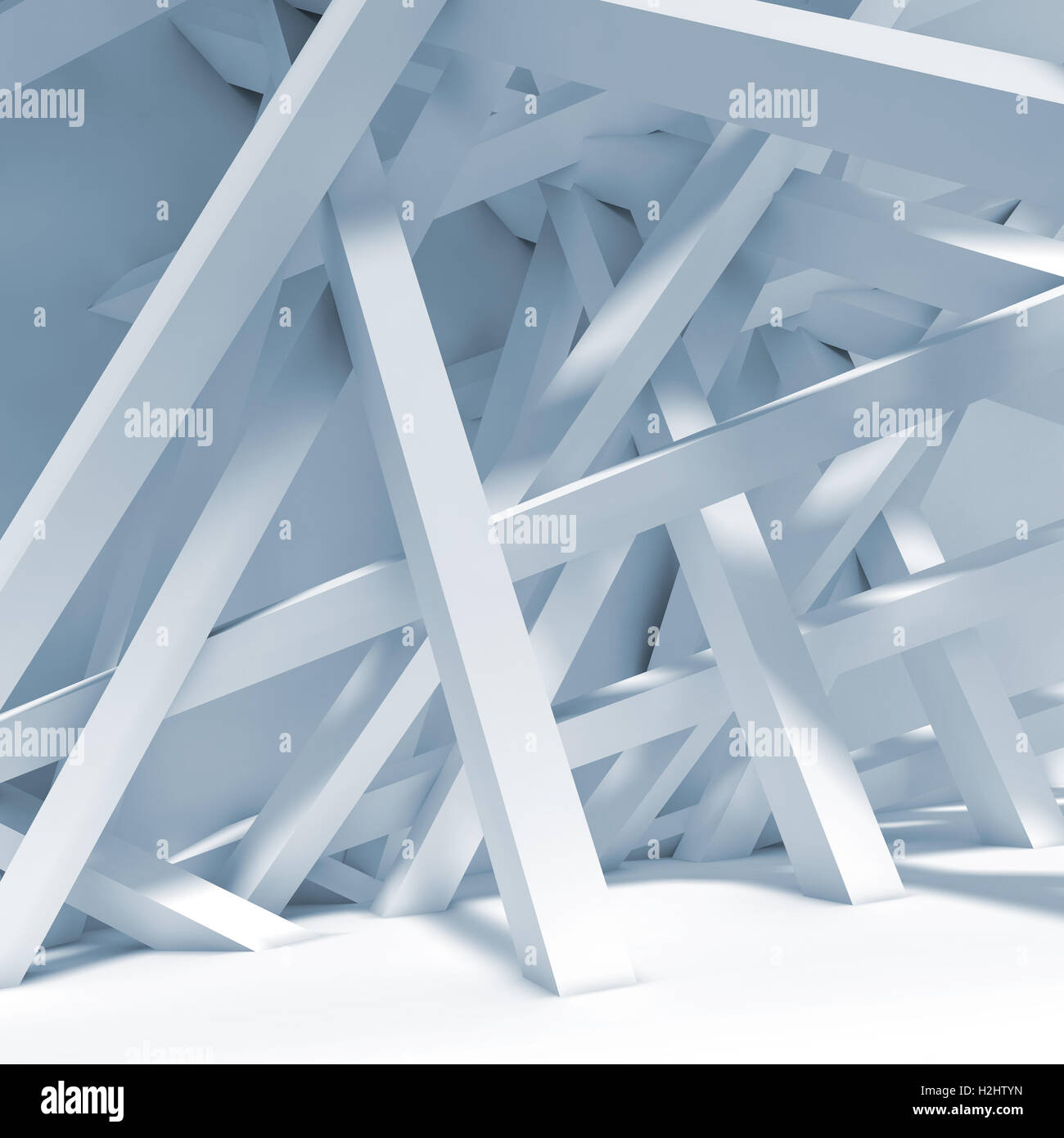 Abstrakt blau innen Hintergrund. Chaotische Balken Installation im leeren Raum. 3D Illustration, Computergrafik Stockfoto