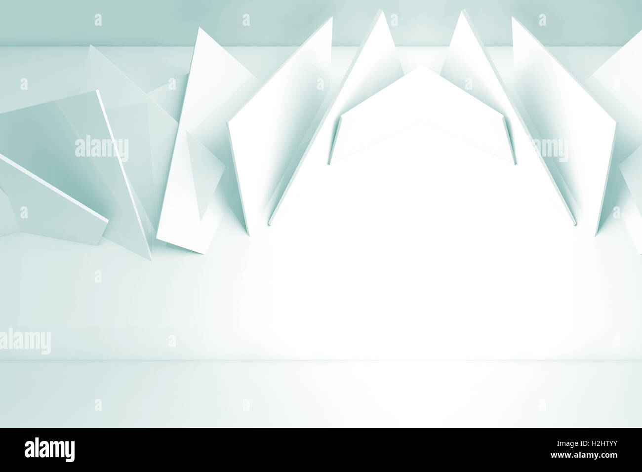 Abstrakte weißem Interieur, chaotisch quadratische Platten Montage an Wand des leeren Raum. 3D Illustration, Computer grap Stockfoto