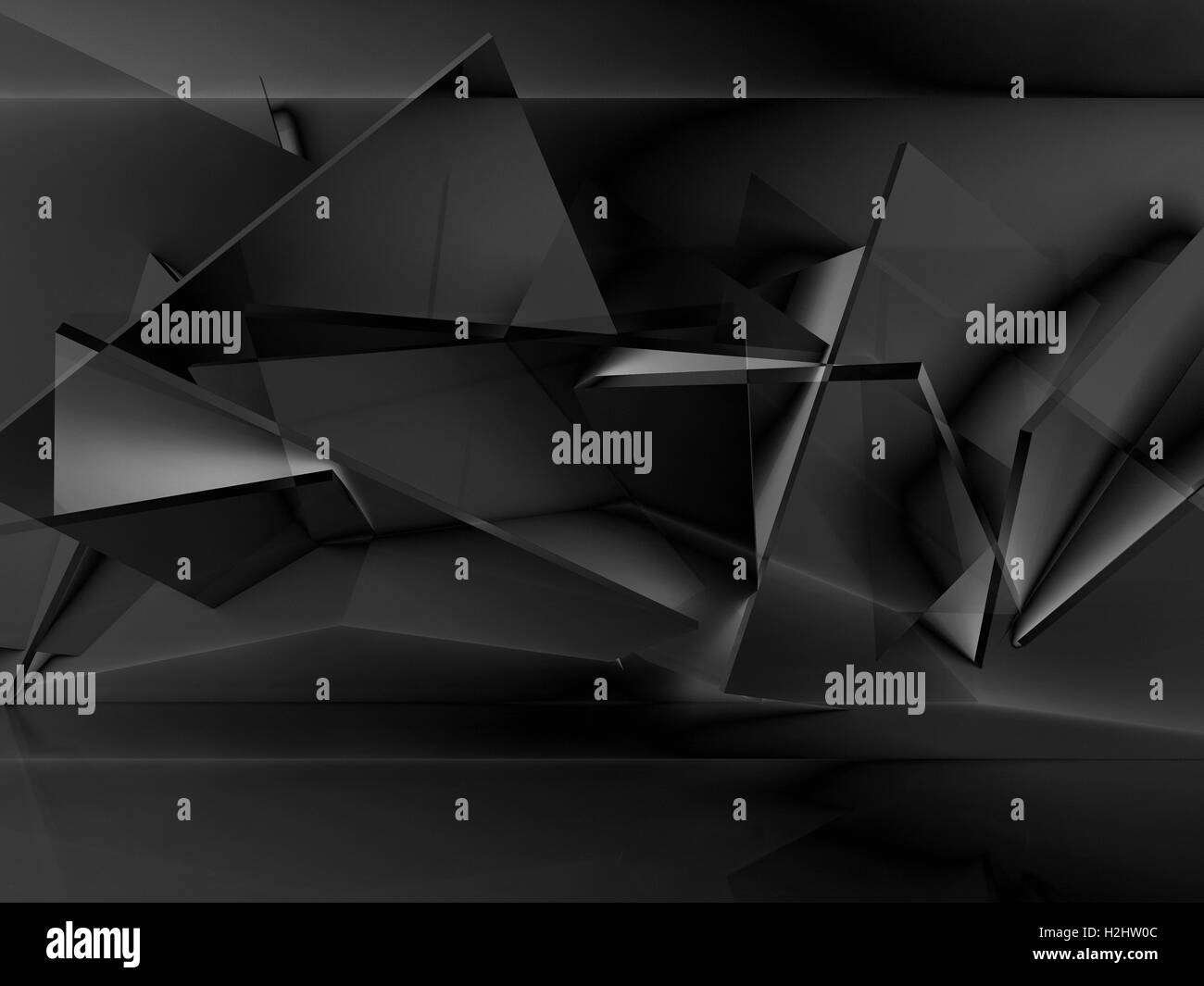 Abstrakt schwarz cg Hintergrund. Chaotisch polygonalen Struktur Installation. 3D Illustration, künstlerische Computergrafiken Stockfoto