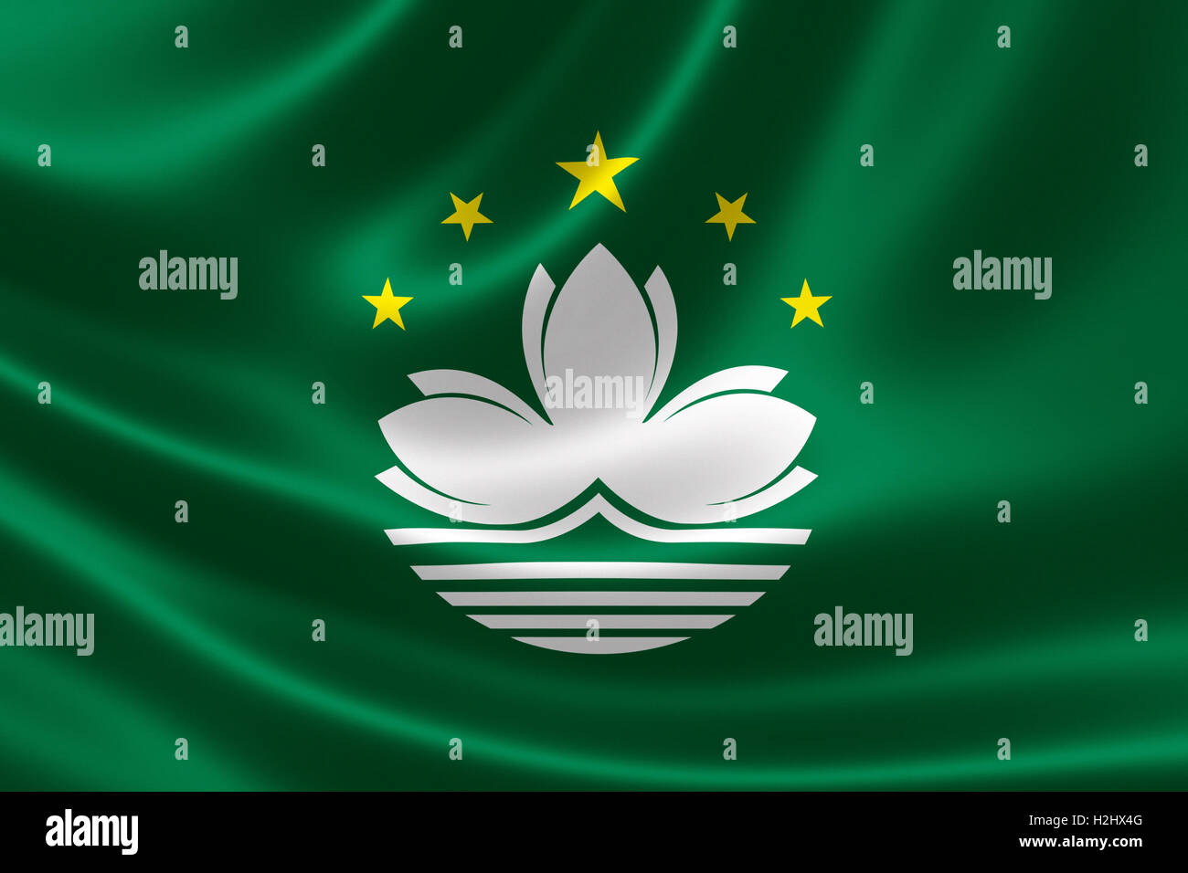 3D-Rendering der Macau SAR Flagge auf silky Satin. Stockfoto