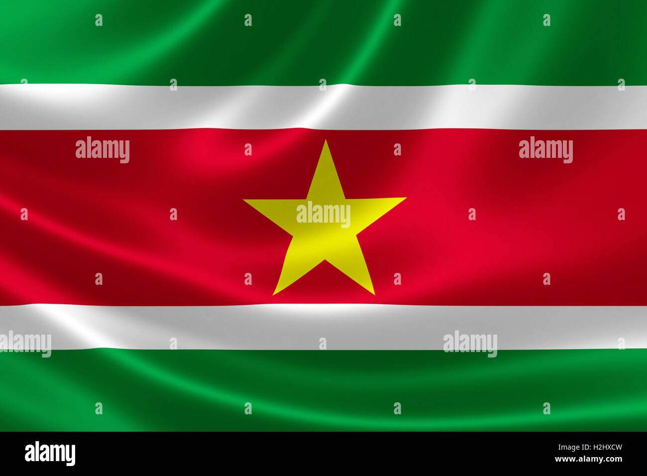 3D Darstellung der Flagge von Suriname auf seidige Textur. Stockfoto