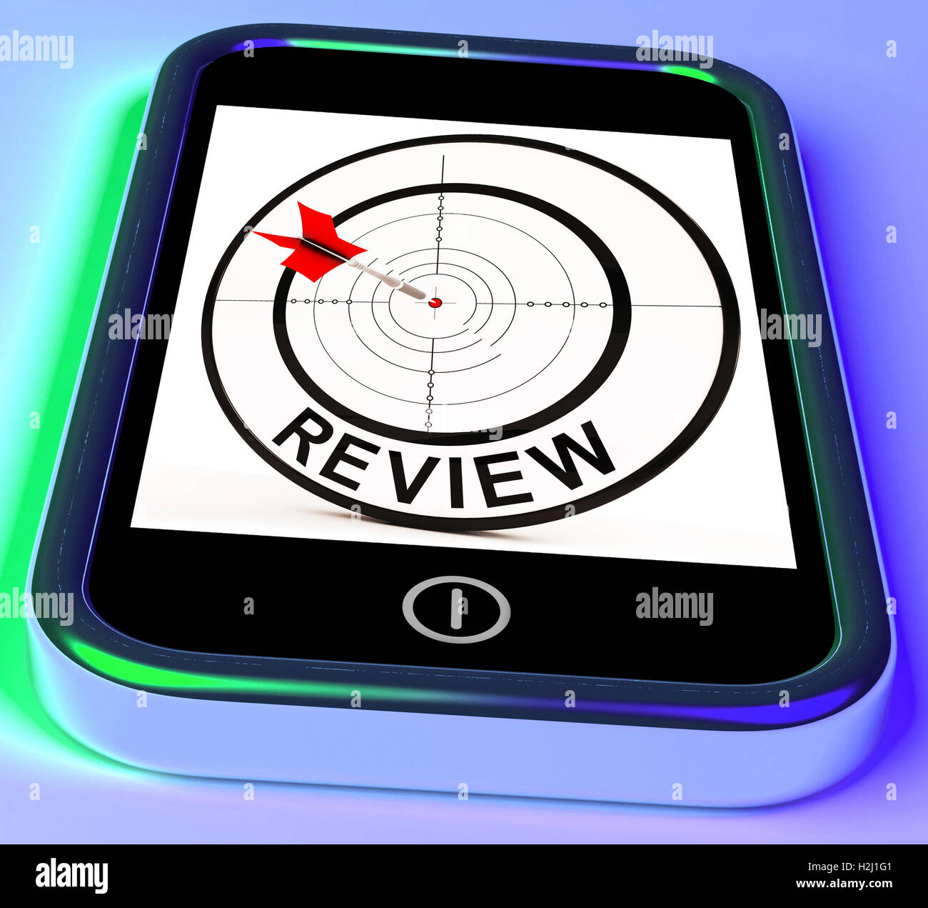 Review-Smartphone-Shows-Feedback-Bewertung und Beurteilung Stockfoto
