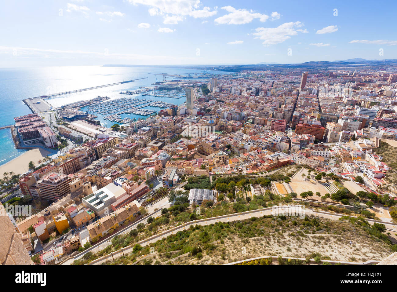 Alicante Skyline Luftbild aus Santa Barbara Burg Spanien Stockfoto