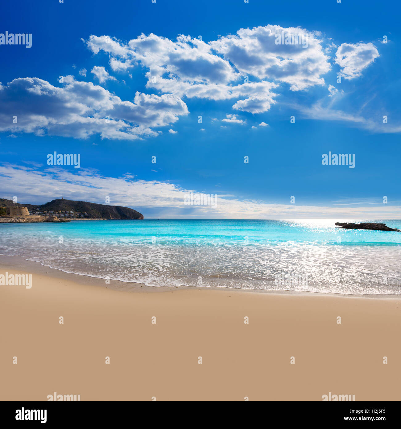 Moraira Playa la Ampolla Strand in Teulada Alicante Spanien Stockfoto