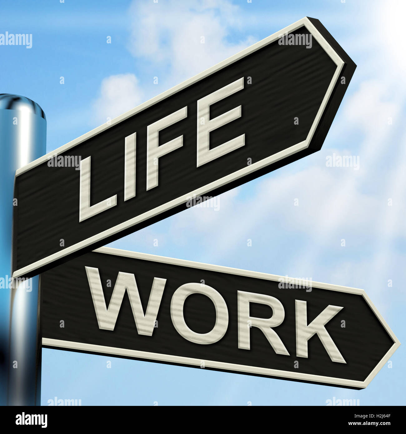 Lebenswerk Wegweiser bedeutet Gleichgewicht zwischen Karriere Gesundheit und Relationsh Stockfoto