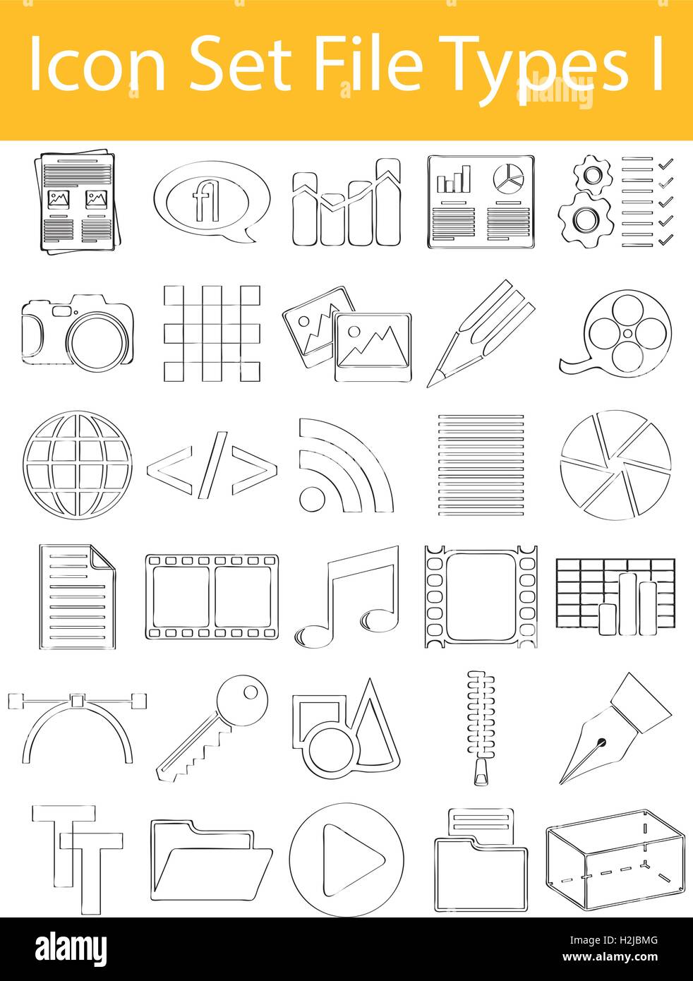 Gezeichnete Doodle ausgekleidet Icon Set Dateitypen gestalte ich mit 30 Symbole für den kreativen Einsatz in Grafik Stock Vektor