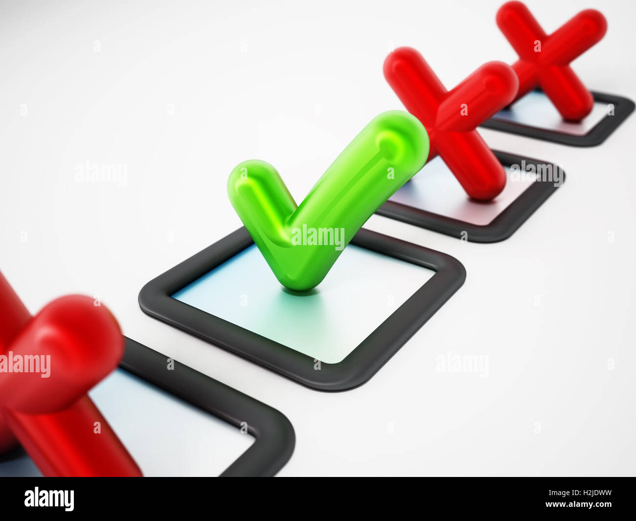 Grünes Häkchen-Symbol unter rote Kreuze. 3D Illustration. Stockfoto