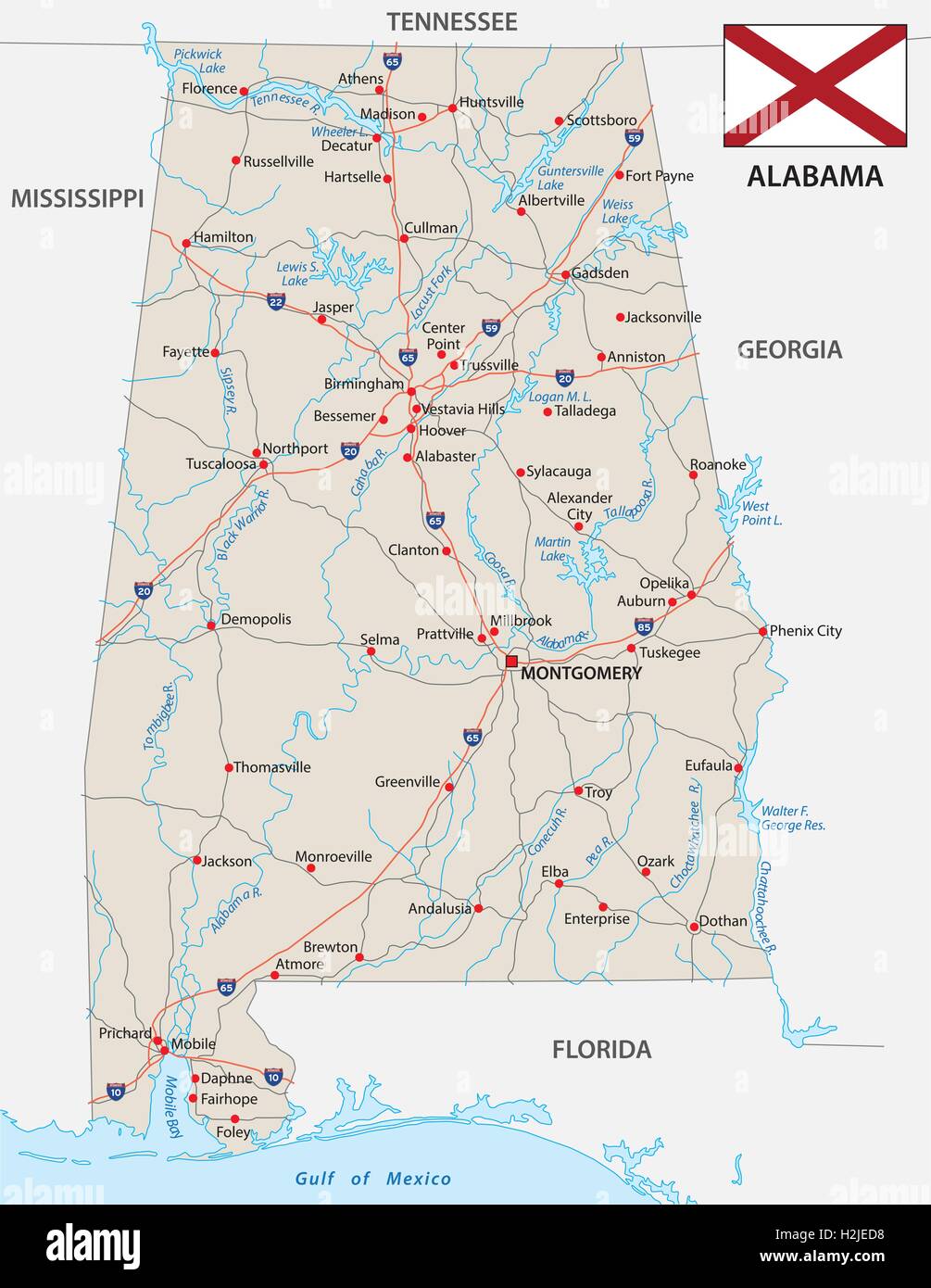 Alabama-Fahrplan mit Flagge Stock Vektor
