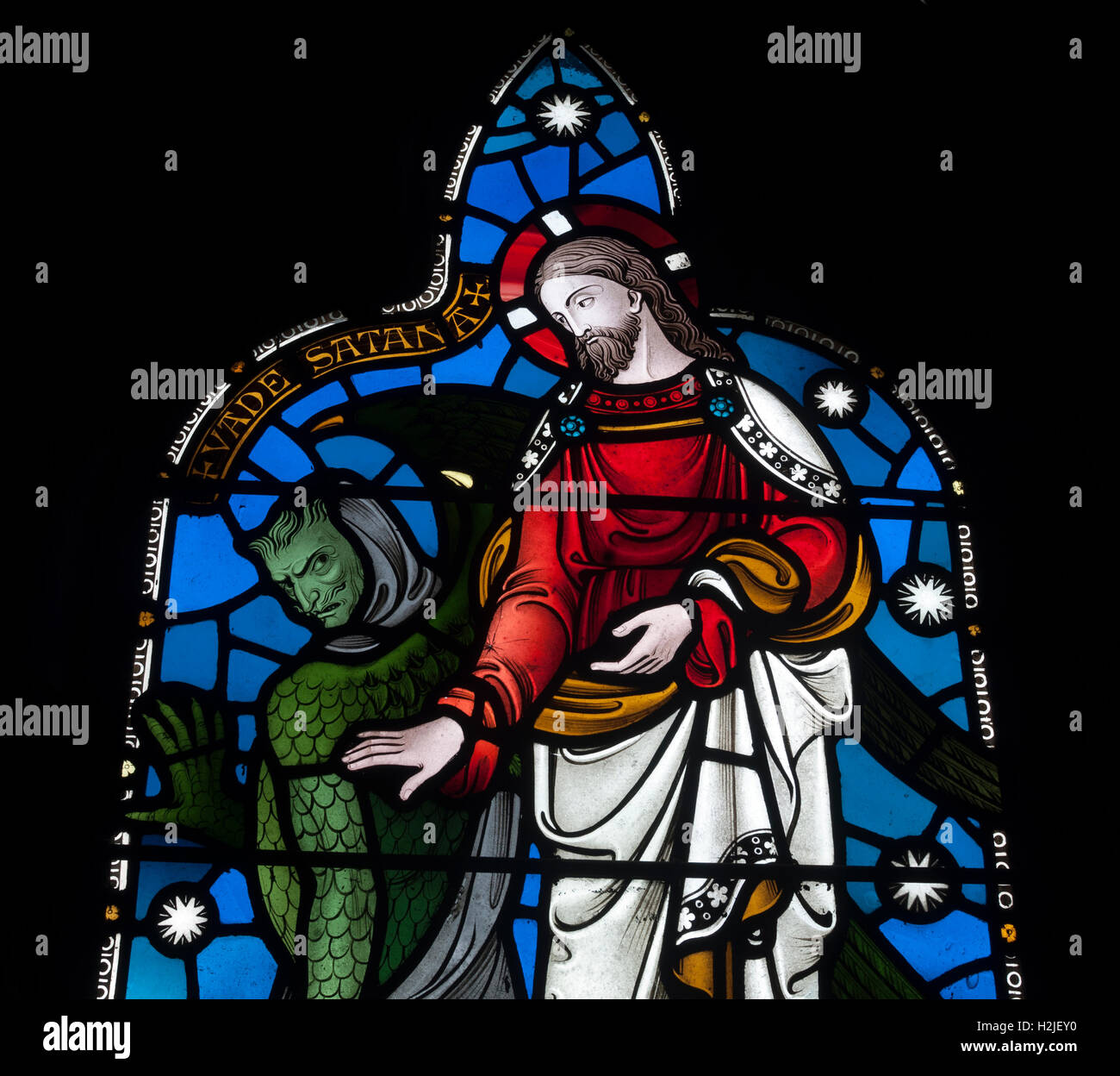 Die Versuchung Christi Glasmalerei, St. Marien Kirche, Lapworth, Warwickshire, England, UK Stockfoto