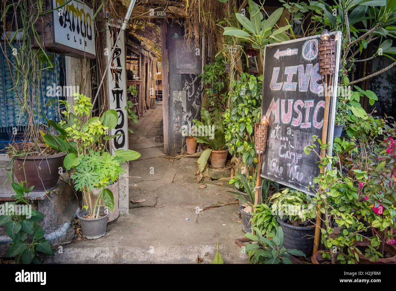 Tiefe einen Eingang von der Straße zu einem Hippie style tattoo Salon und Bar in Thailand Stockfoto