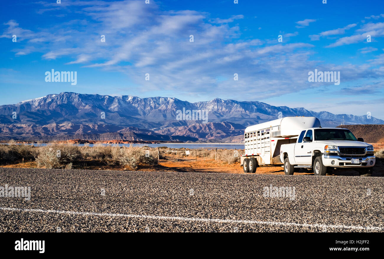 Pick-up-Fahrzeug mit Pferdeanhänger auf felsigen Hintergrund Stockfoto