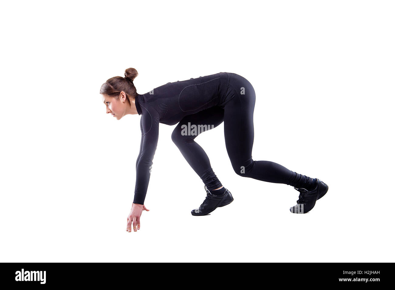 Läufer-Frau isoliert. Laufenden Fit Fitness Sportmodell Joggen glücklich lächelnd, isoliert auf weißem Hintergrund. Fitness-Mädchen training Stockfoto