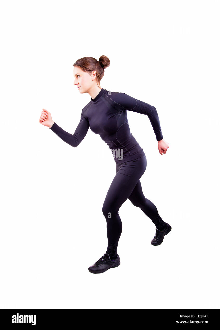 Läufer-Frau isoliert. Laufenden Fit Fitness Sportmodell Joggen glücklich lächelnd, isoliert auf weißem Hintergrund. Fitness-Mädchen training Stockfoto