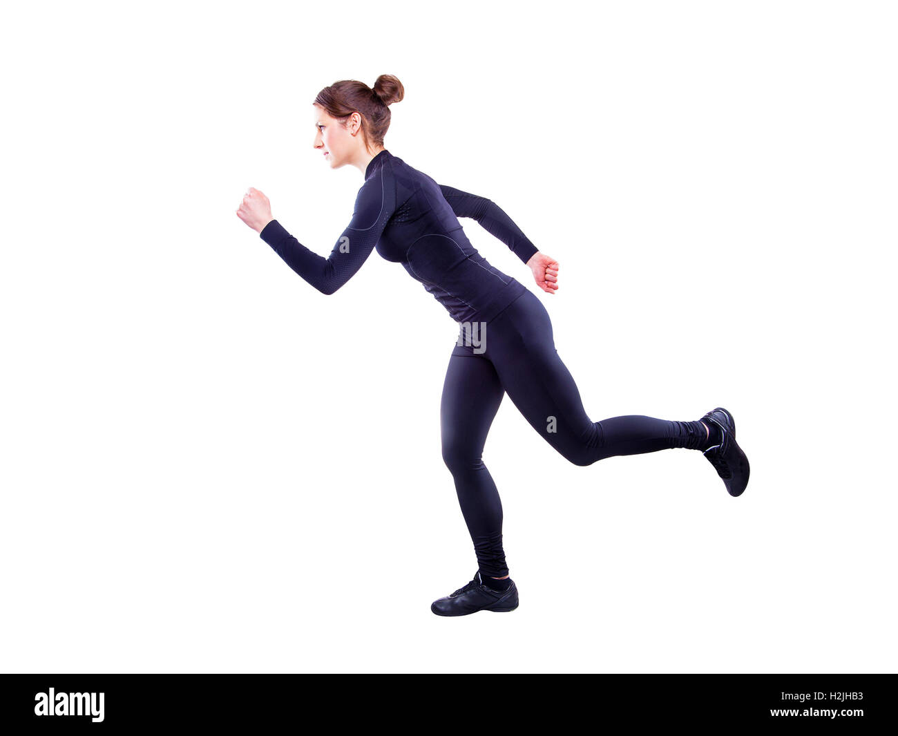 Läufer-Frau isoliert. Laufenden Fit Fitness Sportmodell Joggen glücklich lächelnd, isoliert auf weißem Hintergrund. Fitness-Mädchen training Stockfoto