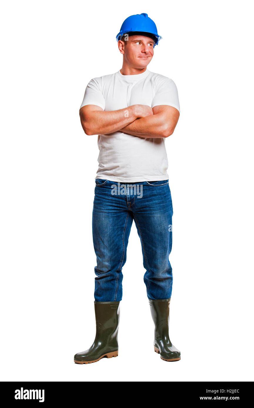 Arbeiter Mann mit Helm isoliert. Richtig aussehen. Stockfoto