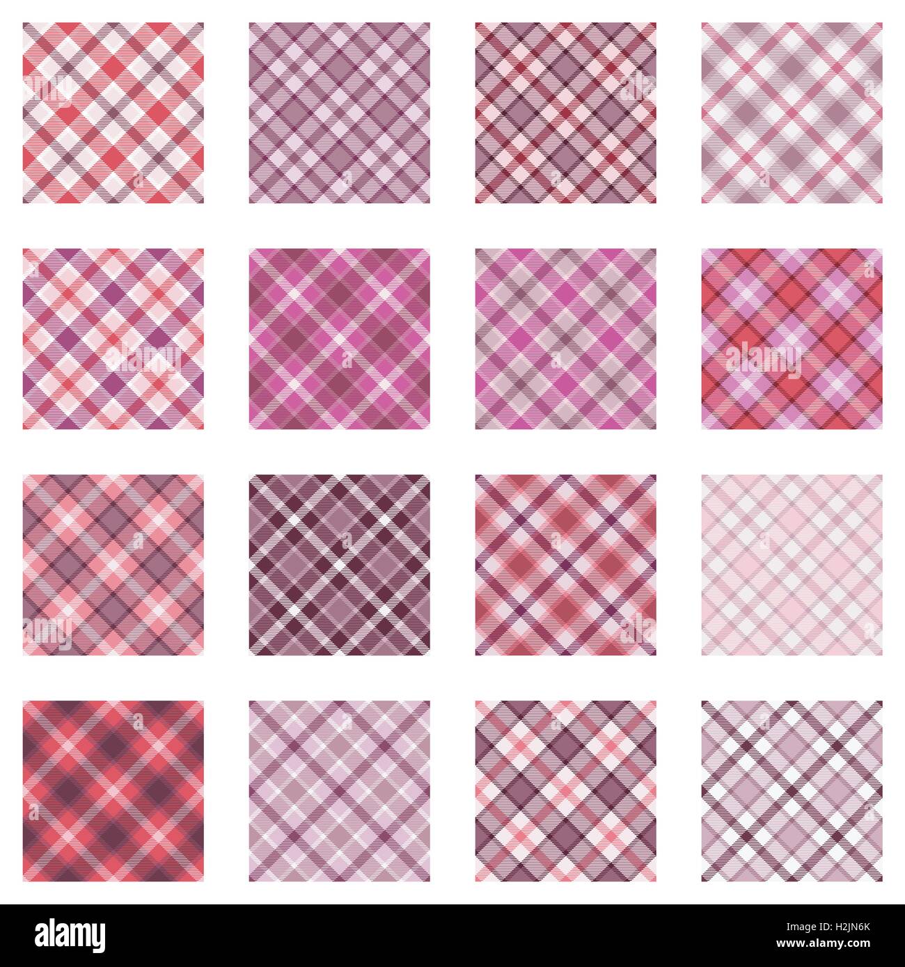 Plaid Muster Sammlung, 16 nahtlose Tartan-Muster, verschiedene Schattierungen von rosa Stock Vektor