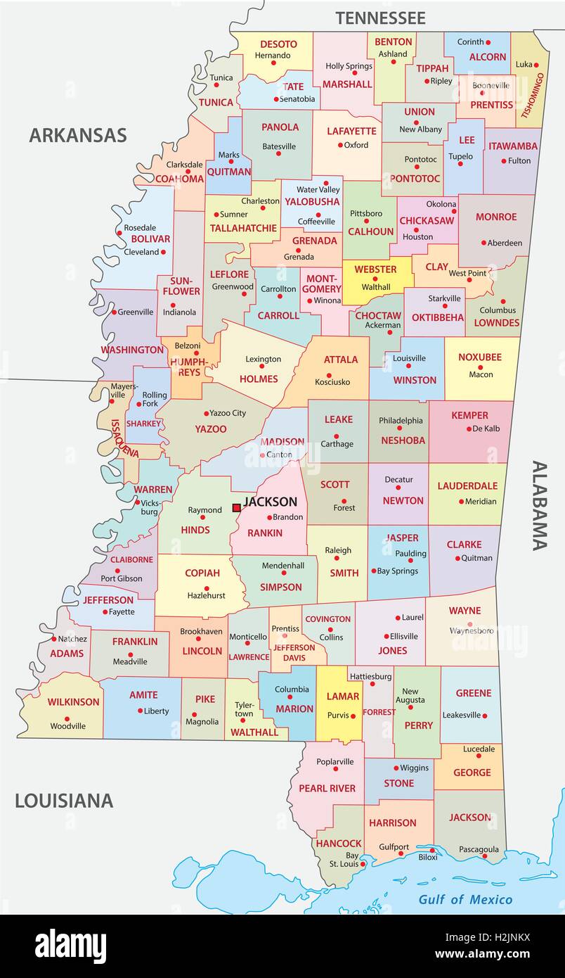 Verwaltungskarte von Mississippi Stock Vektor