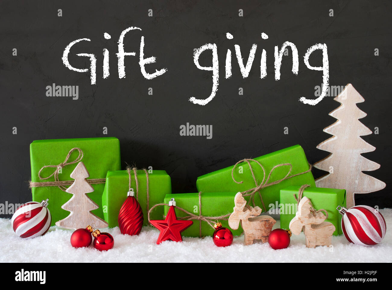 Weihnachtsdekoration, Zement, Schnee, Text Geschenk geben Stockfoto