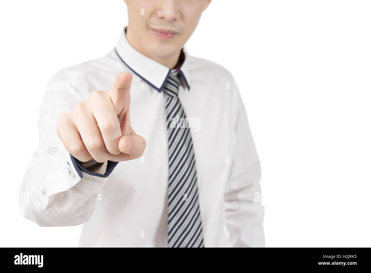 Geschäftsmann Fingerzeig auf weißem Hintergrund mit Beschneidungspfad, Weichzeichner, Business-Konzept Stockfoto
