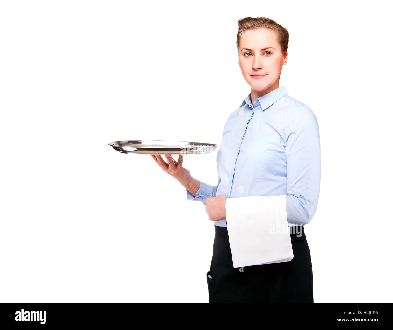 Kellnerin mit Tablett isoliert auf weißem Hintergrund. Lächeln auf den Lippen. Stockfoto