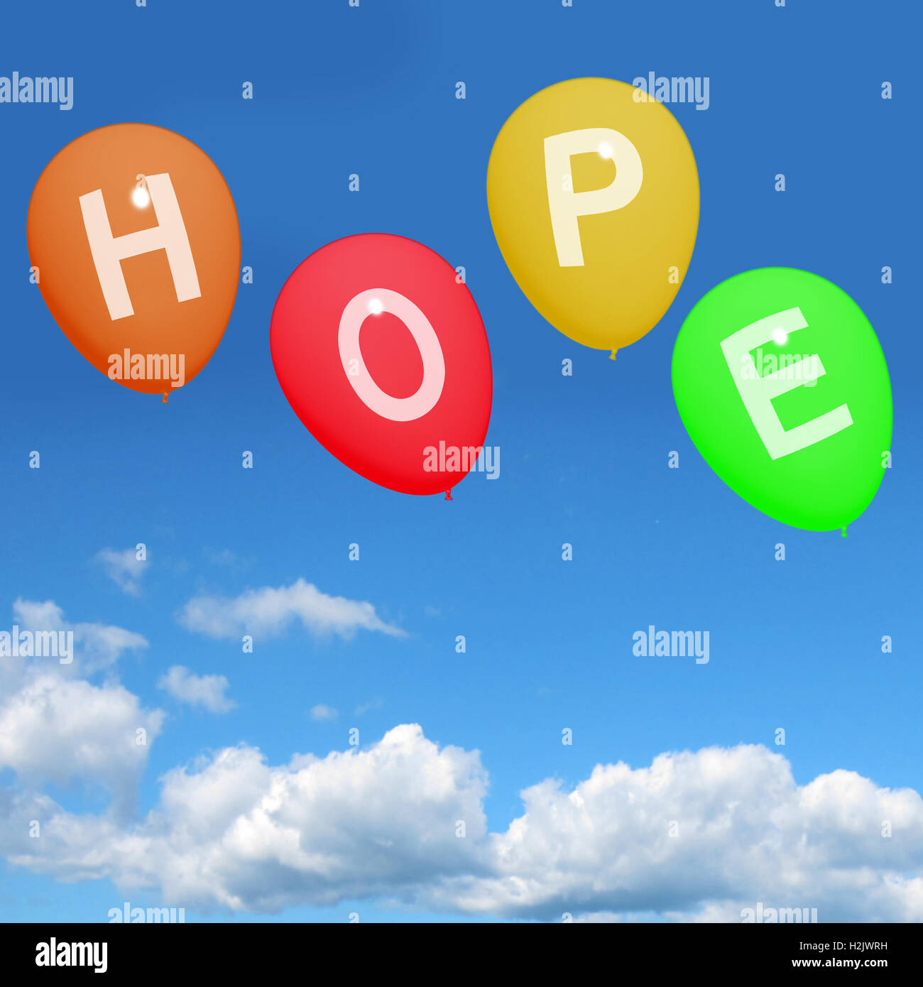Vier hoffe Ballons repräsentieren Wünsche Träume Ziele und Hoffnungen Stockfoto