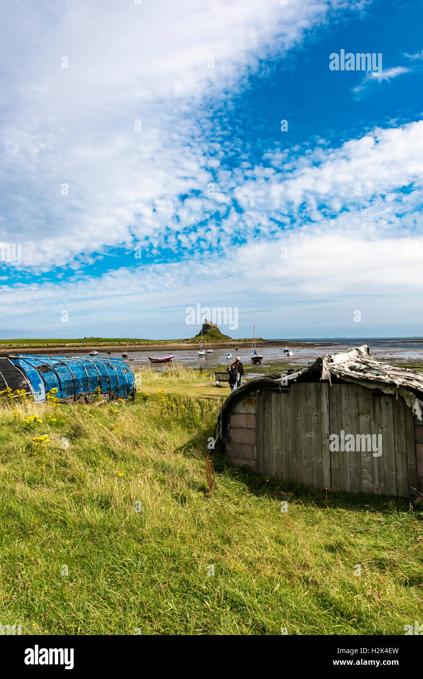 Lindisfarne umgedrehten Boote Stockfoto