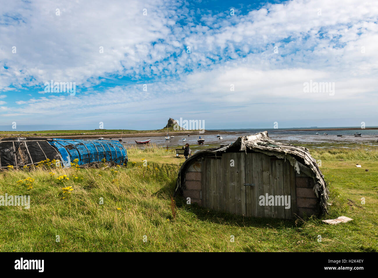 Lindisfarne umgedrehten Boote Stockfoto