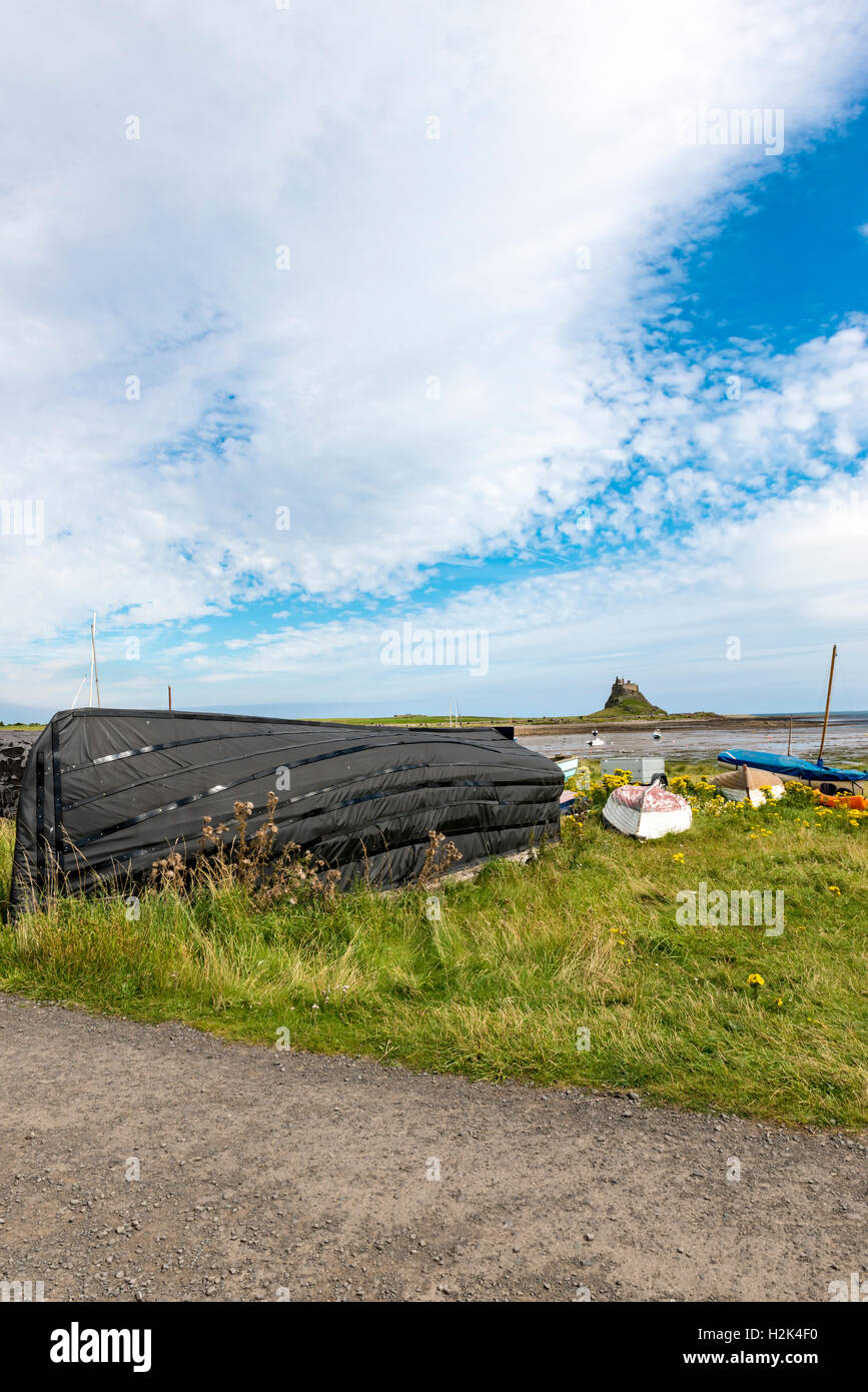 Lindisfarne umgedrehten Boote Stockfoto