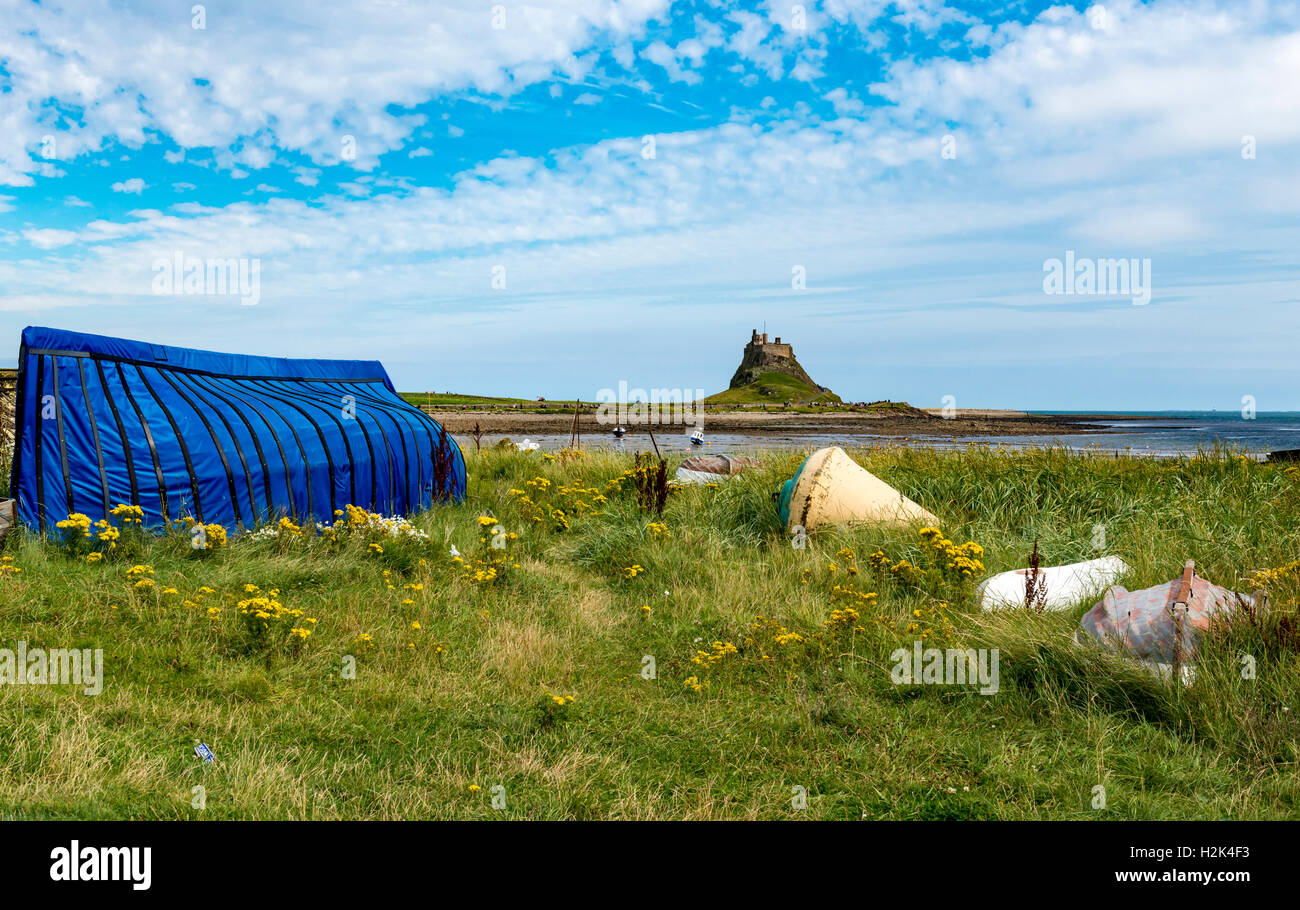Lindisfarne umgedrehten Boote Stockfoto