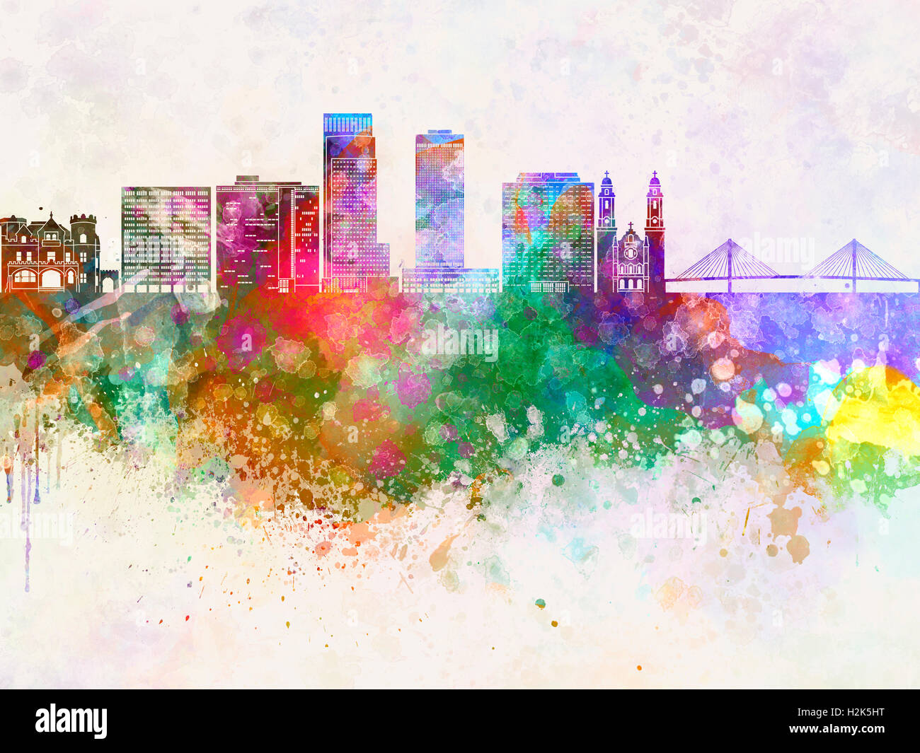 Skyline von Omaha in Aquarell Hintergrund Stockfoto