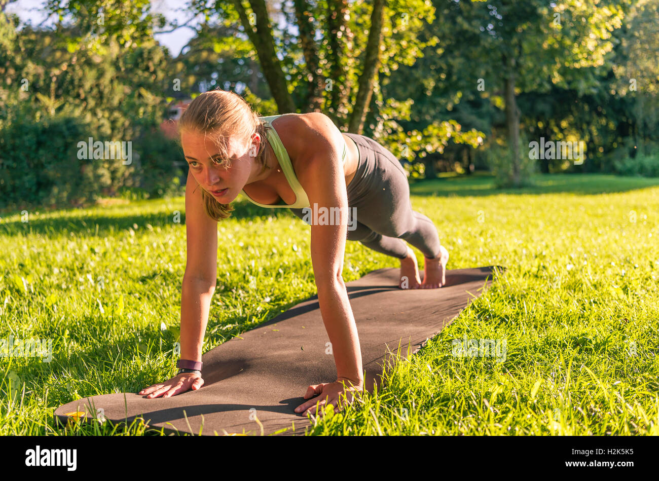 Pushup, junge Frau in Sportkleidung dabei Training auf Matte im Park, München, Upper Bavaria, Bavaria, Germany Stockfoto
