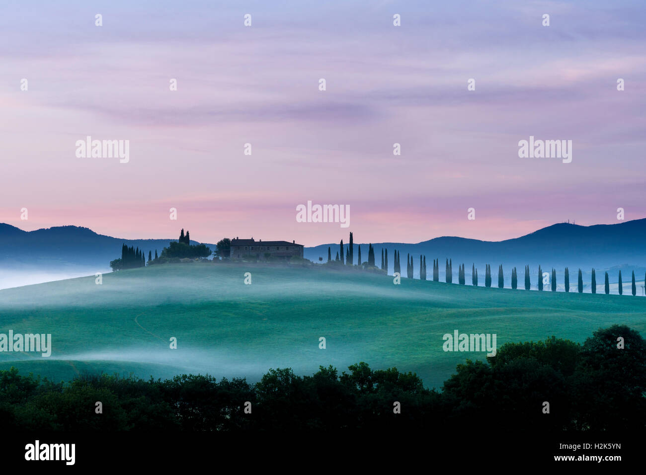 Typische grüne toskanische Landschaft in Bagno Vignoni, Val d ' Orcia mit einer Farm auf einem Hügel, Felder, Zypressen, Bäume und Morgen Nebel Stockfoto