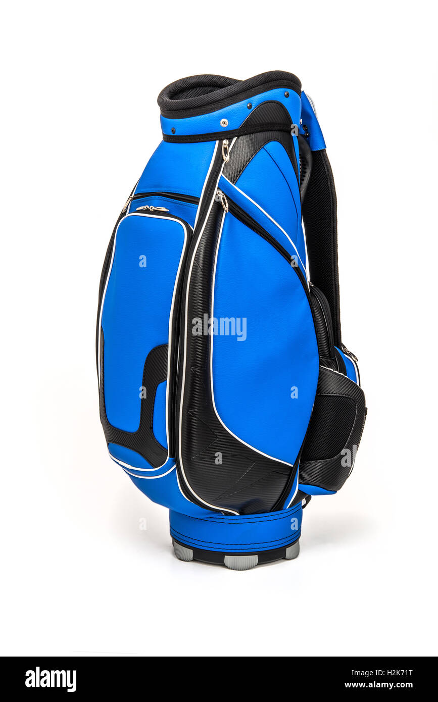 Leder-Golfbag in blau und schwarz auf weißem Hintergrund Stockfoto
