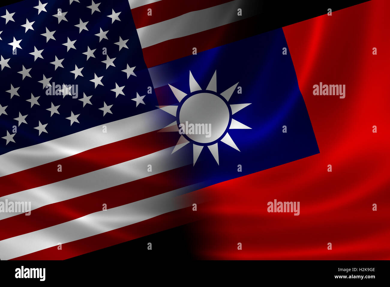 Zusammengeführte USA und taiwanesische Flagge auf seidige Textur. Konzept der langen historischen und politischen Beziehungen zwischen beiden Ländern. Stockfoto