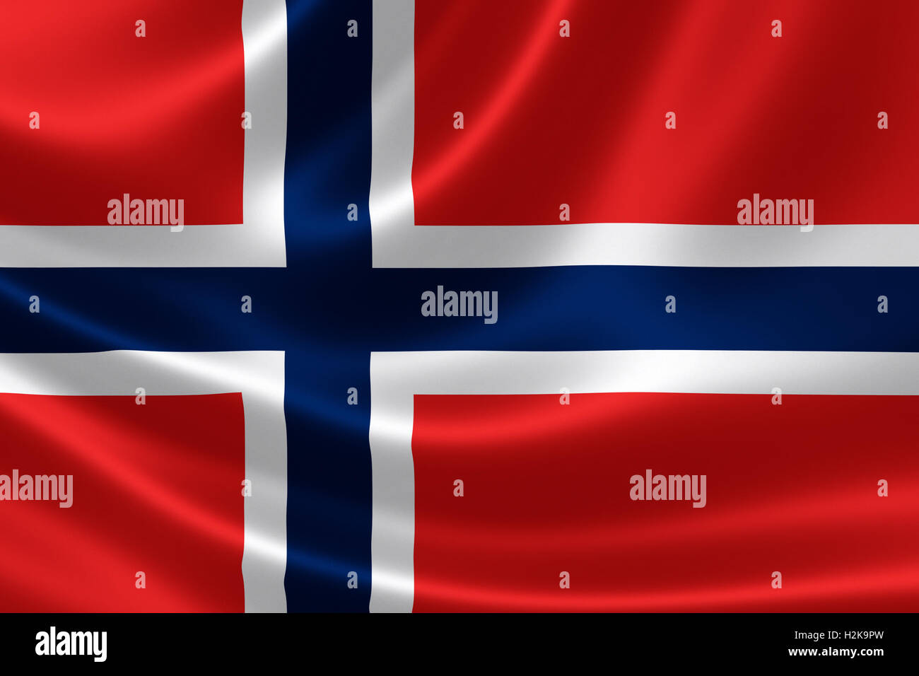 3D Darstellung der Flagge von dem Königreich Norwegen über die seidige Textur. Stockfoto