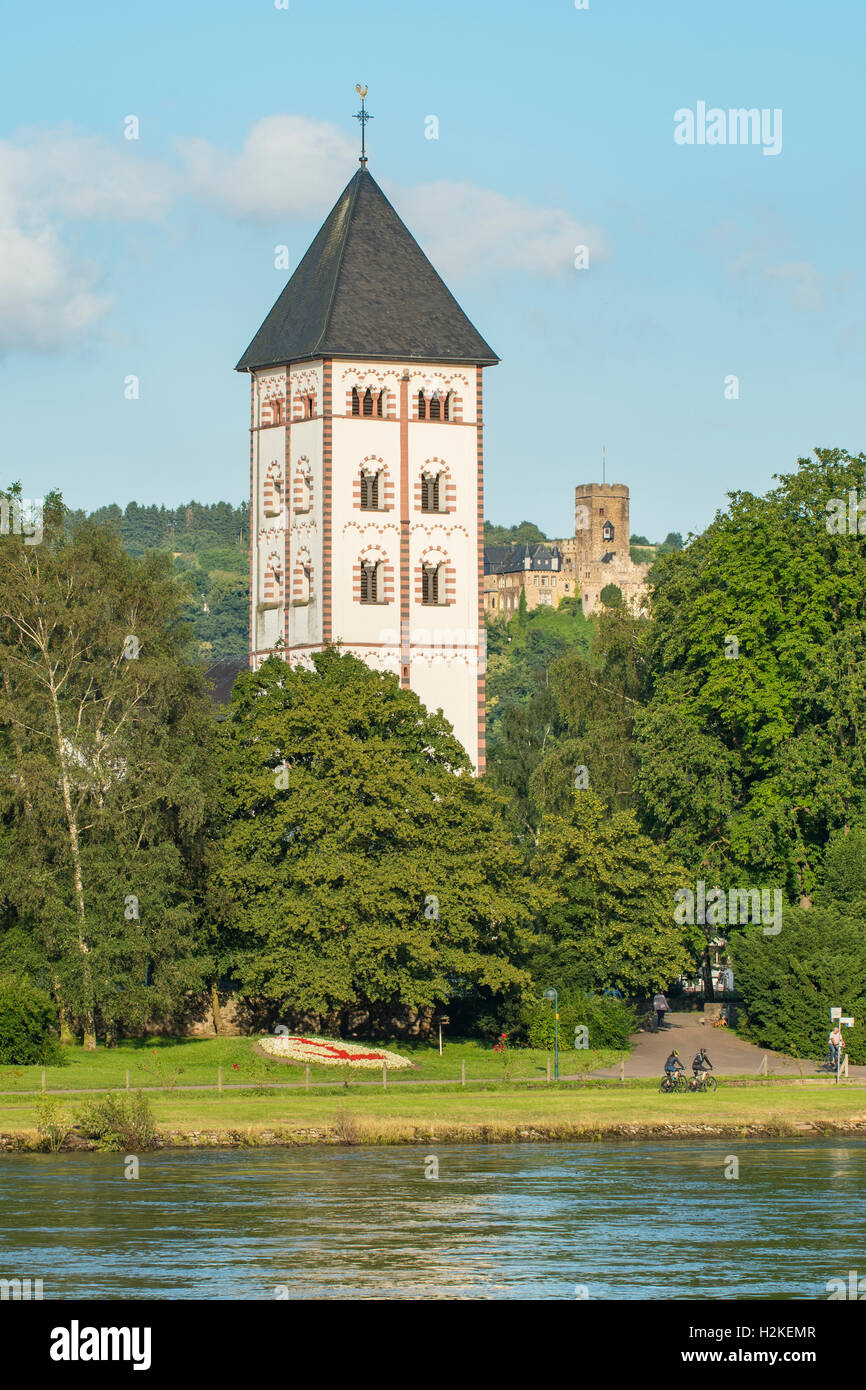 Basilika St. Johannes und Burg Lahneck, Lahnstein am Rhein, Deutschland Stockfoto