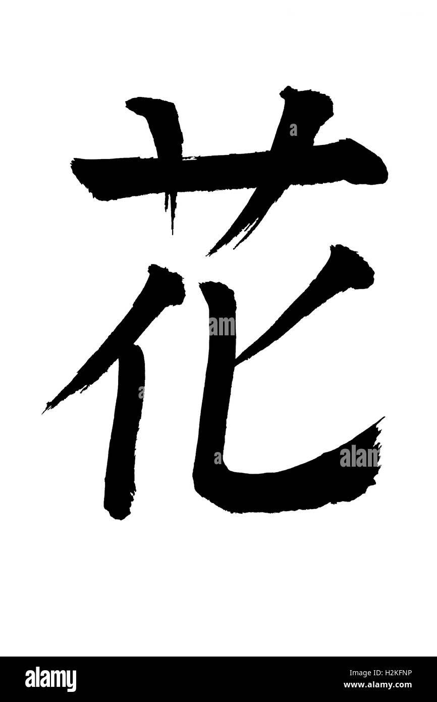 Japanische Schriftzeichen bedeutet Blume isoliert auf weißem Hintergrund. Clipping-Pfad in Bild. Stockfoto