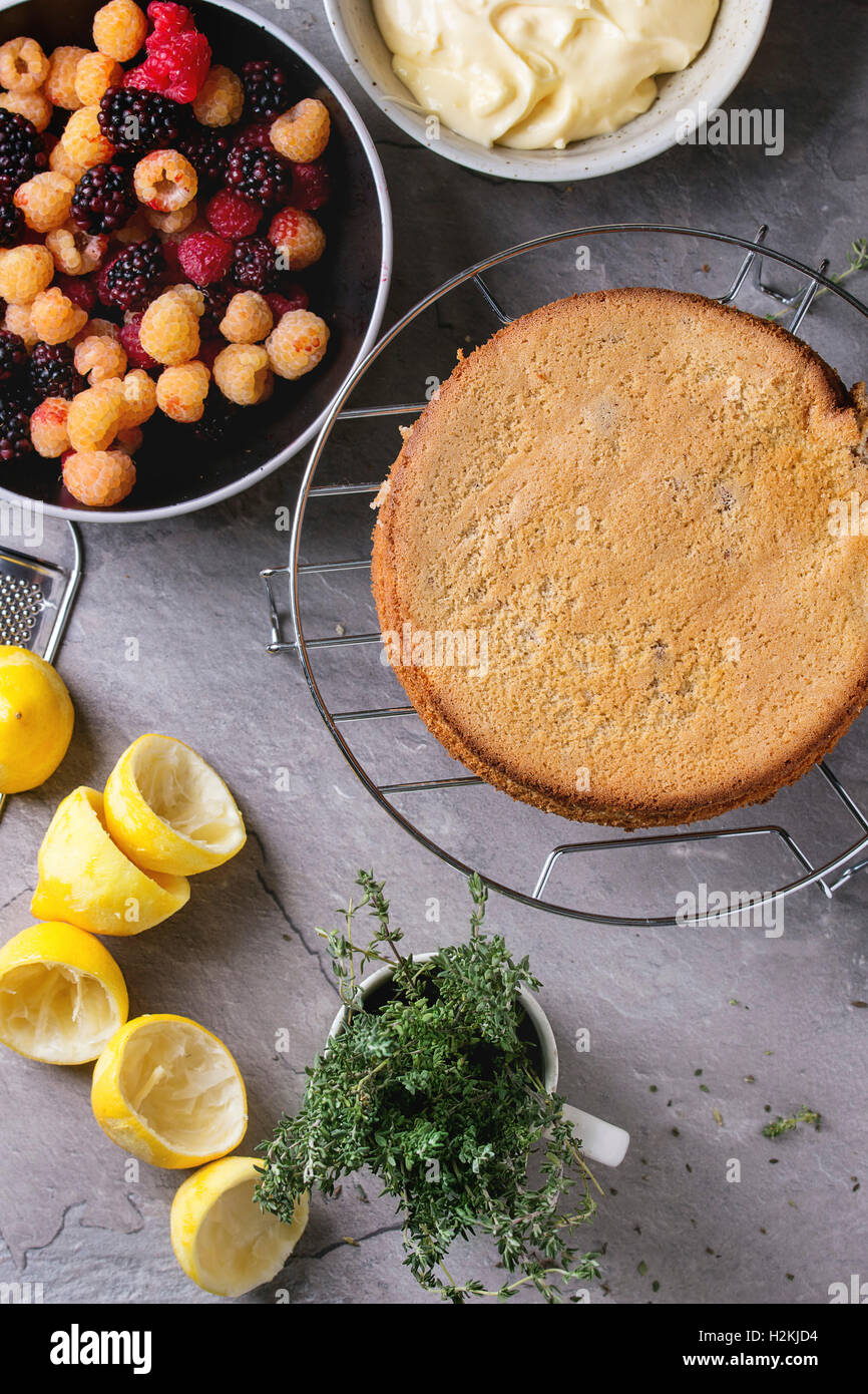 Schalen mit Zutaten für die Herstellung von Biskuit mit Zitronencreme, frischen bunten gelb rote Himbeeren und Dewberries und Thymian, Stockfoto