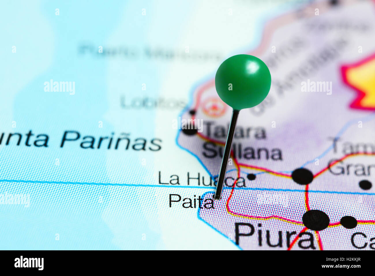 Paita fixiert auf einer Karte von Peru Stockfoto