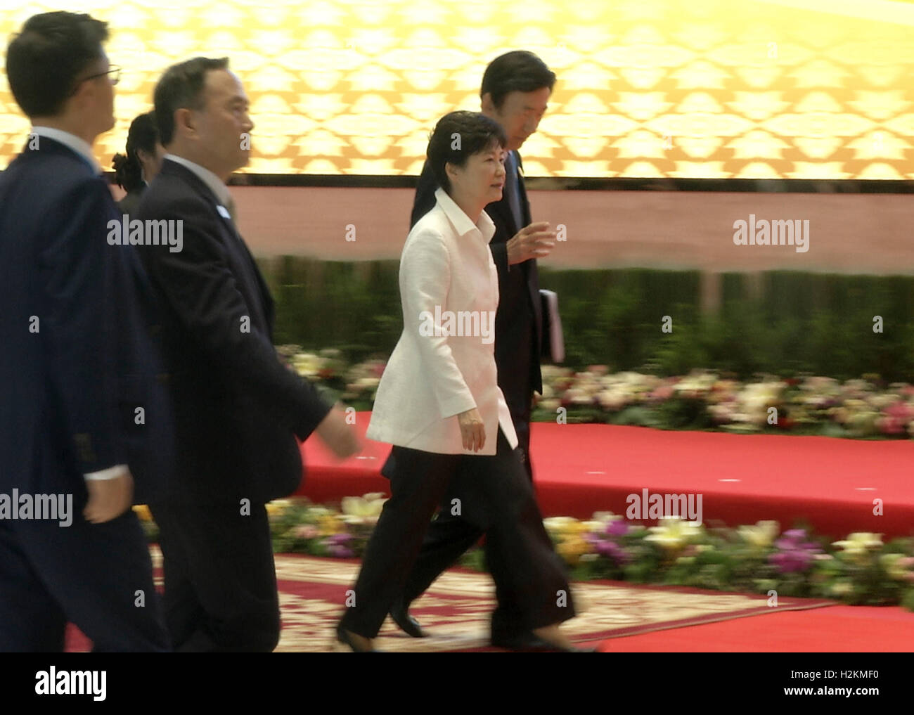Park Geun-Hye, Präsident von Südkorea, kommt für ein Willkommens-Dinner auf dem Verband Südostasiatischer Nationen (ASEAN) Gipfel die laotische Hauptstadt Vientiane. Stockfoto