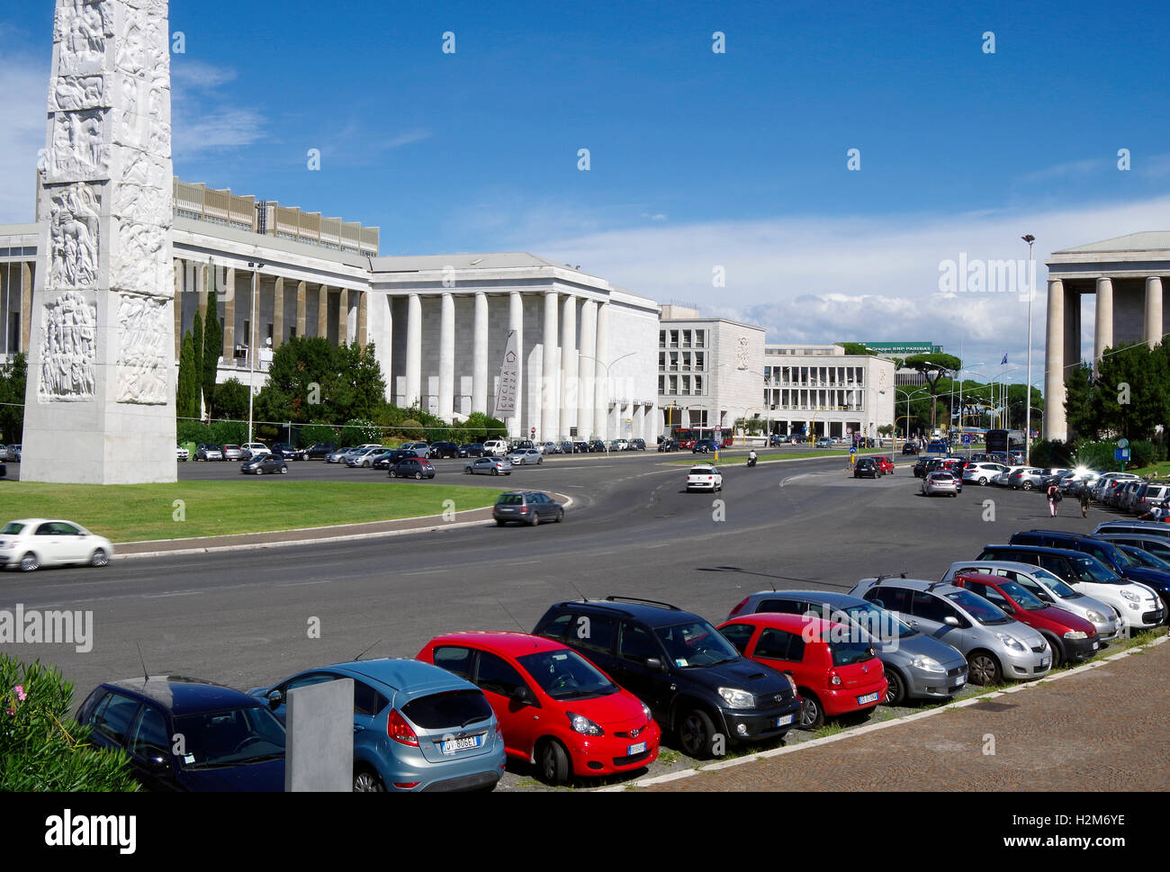 EUR Rom, Piazza & Obelisk Guglielmo Marconi Stockfoto