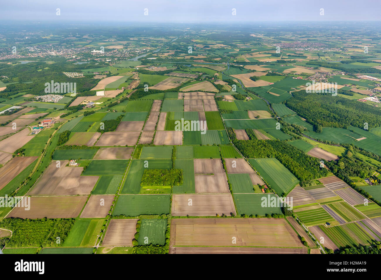 Luftbild, Felder, Ackerland Mosaik, komplexe NewPark nordöstlich von der Stadt Datteln, Luftaufnahme von Datteln, Ruhrgebiet, Stockfoto