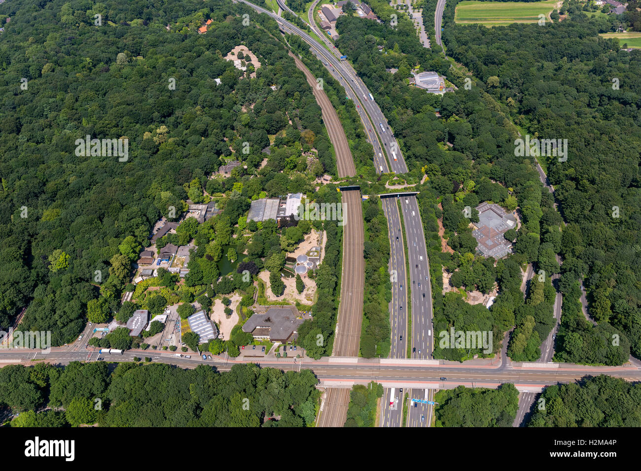 Luftaufnahme, Duisburger Zoo mit der Autobahn A3 am Kaiserberg mit Zoobrücke, Luftaufnahme von Duisburg, Ruhrgebiet, Stockfoto